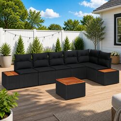 Garden Sofa Set 7 Piece Outdoor Furniture Black Poly Rattan Patio Seating Suite