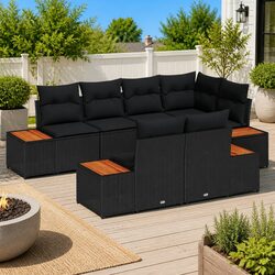 Garden Sofa Set Outdoor Lounge Furniture 7 Piece Black Poly Rattan with Cushions