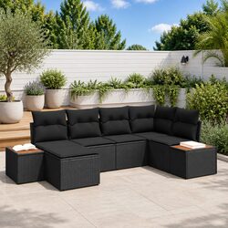 Garden Sofa Set 6 Pieces Black Poly Rattan Outdoor Furniture with Cushions