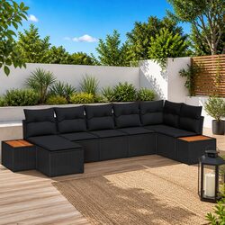 Outdoor Garden Sofa Set 7 Piece Modular Patio Furniture Black Poly Rattan