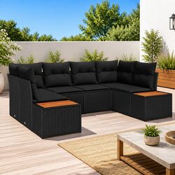 Outdoor Garden Sofa Set 6 Piece Black Poly Rattan with Cushions Modern Patio