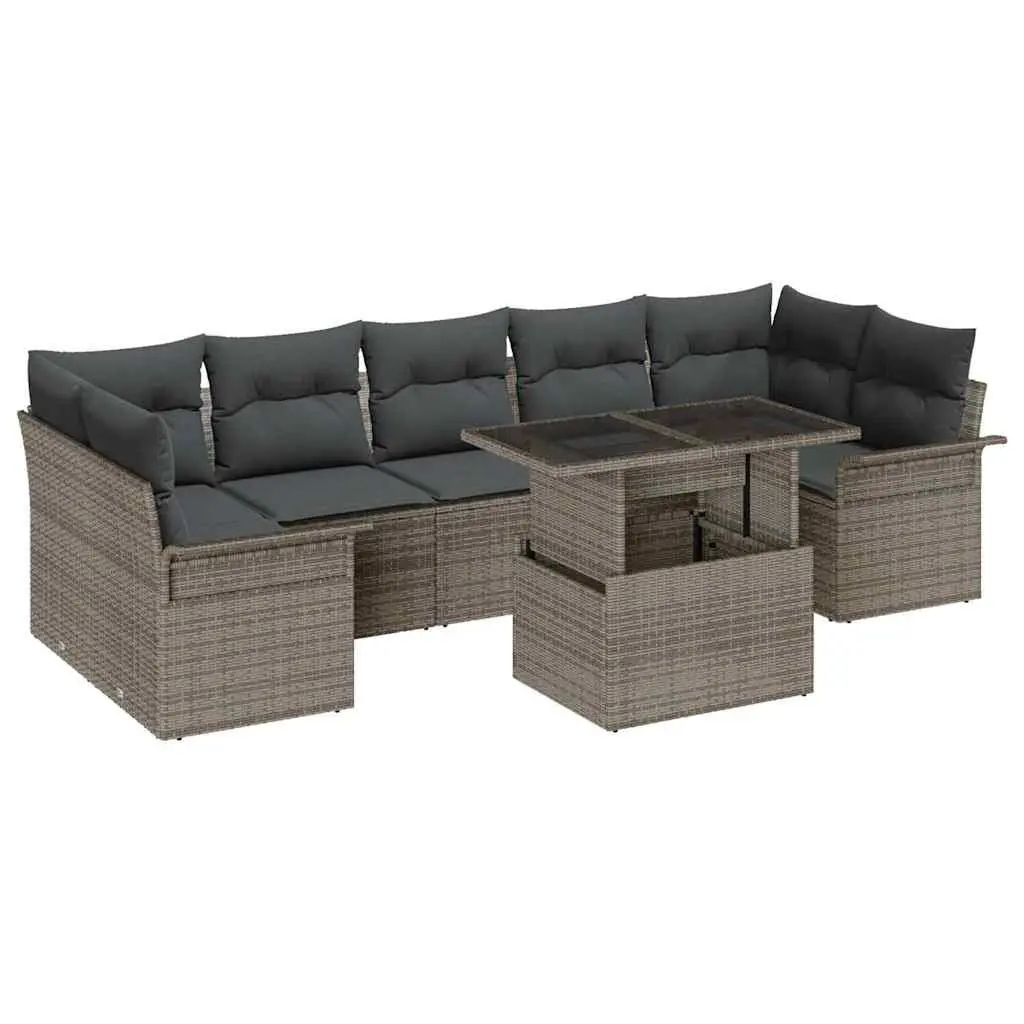 Modular Garden Sofa Set 8 Pieces Light Grey Poly Rattan Acacia Wood Outdoor Furniture