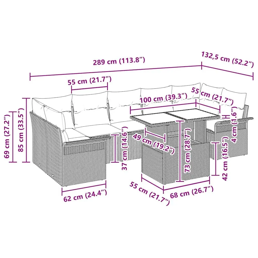 Modular Garden Sofa Set 8 Pieces Light Grey Poly Rattan Acacia Wood Outdoor Furniture