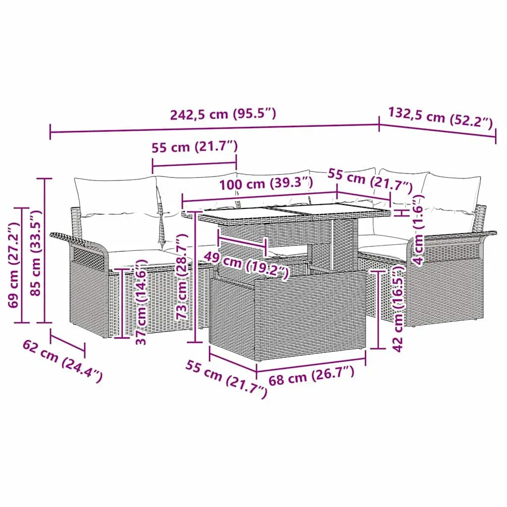 Modular Garden Sofa Set 6 Piece Black Poly Rattan Outdoor Furniture with