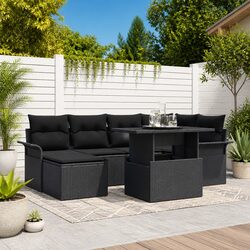 Garden Sofa Set 7 Seater Black Outdoor Furniture with Cushions Glass Table
