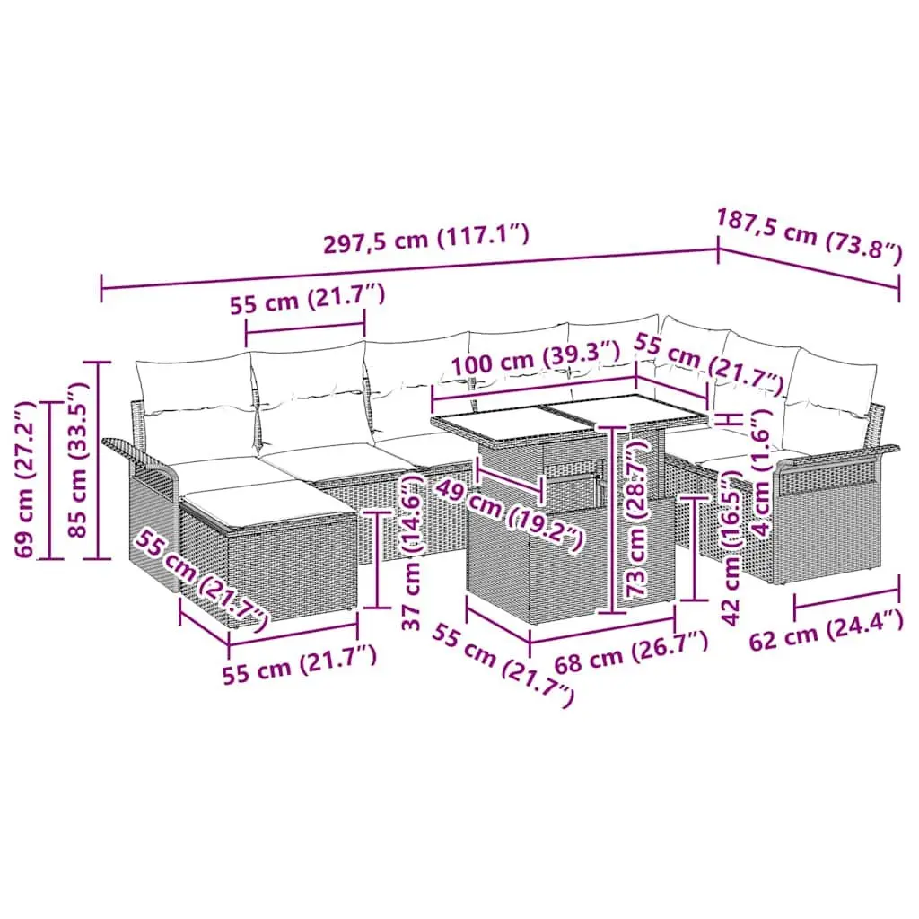 Garden Sofa Set 9 Pieces Grey Poly Rattan Outdoor Furniture with Cushions