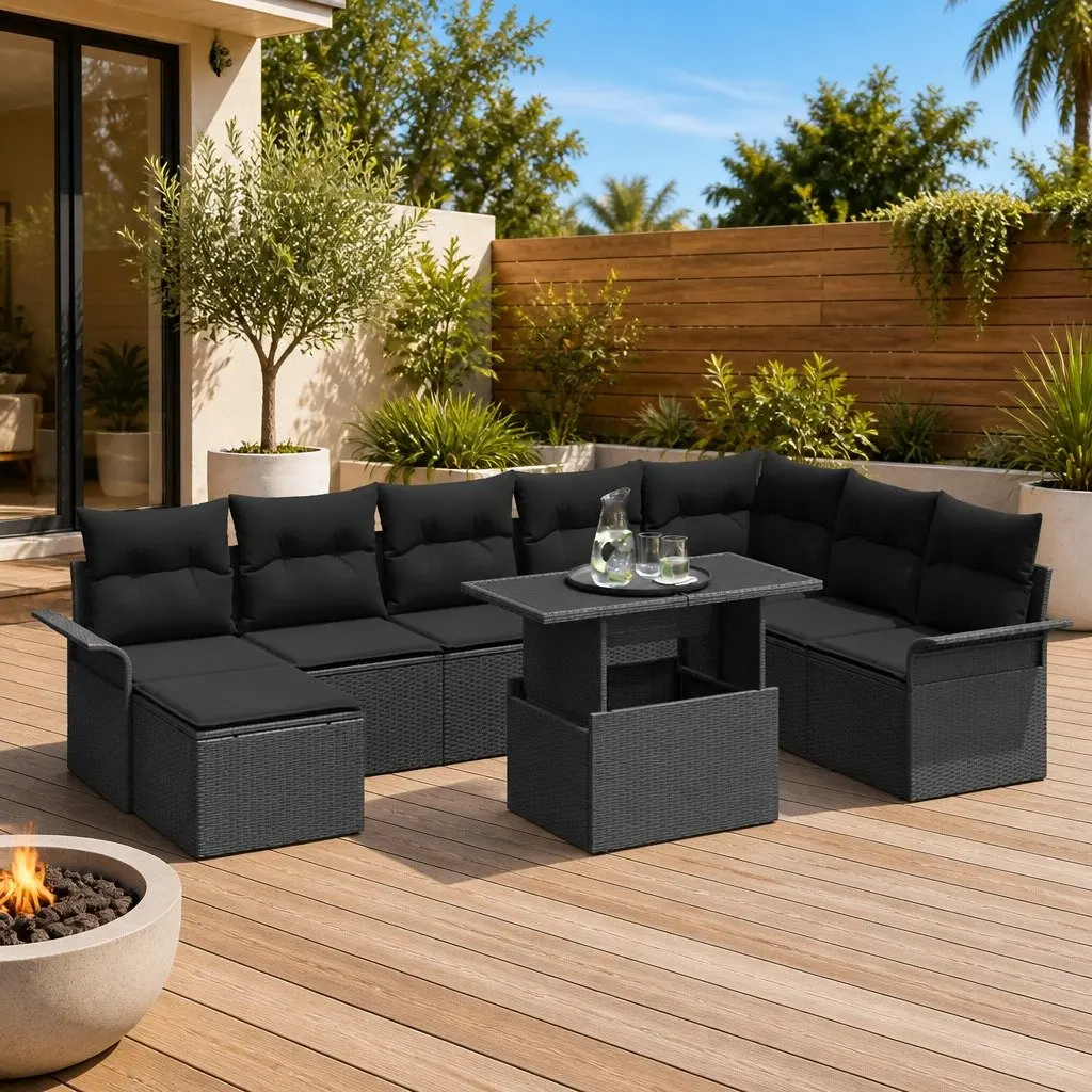 Garden Sofa Set 9 Pcs Black Poly Rattan Outdoor Furniture Modular Lounge Cushion