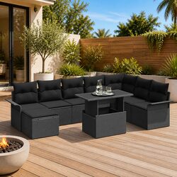 Garden Sofa Set 9 Pcs Black Poly Rattan Outdoor Furniture Modular Lounge Cushion