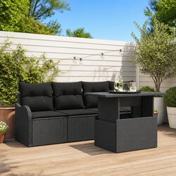 Outdoor Sofa Set 5 Pieces Black Poly Rattan Garden Furniture with Cushions Table