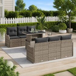 Garden Sofa Set 7 Pieces Grey Poly Rattan Outdoor Furniture Modular Cushion