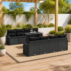Outdoor Garden Sofa Set 7 Piece Black Poly Rattan Patio Furniture with Cushions