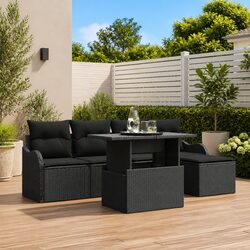 Outdoor Seating Set 6 Piece Black Poly Rattan Garden Furniture with Cushions