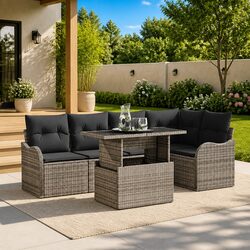 Outdoor Dining Set 6 Seater Grey Poly Rattan Garden Furniture with Cushions