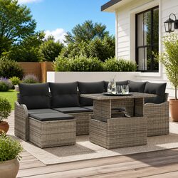 Garden Sofa Set 7 Pieces Grey Poly Rattan Outdoor Furniture Patio Seating