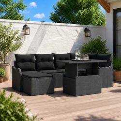 Garden Sofa Set 7 Pieces Outdoor Patio Furniture Black Poly Rattan with Cushions