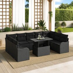 Modular Garden Sofa Set 10 Piece Outdoor Furniture with Cushions Black Poly
