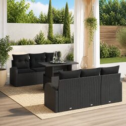 Outdoor Garden Sofa Set 7 Pieces Black Poly Rattan Patio Furniture with Cushions