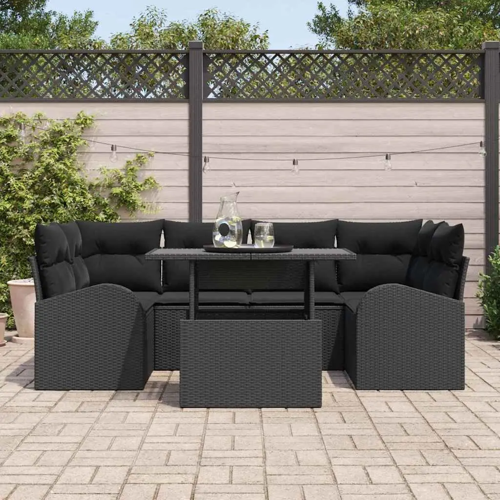 Outdoor Garden Sofa Set 7 Pieces Black Poly Rattan Modular Patio Furniture with