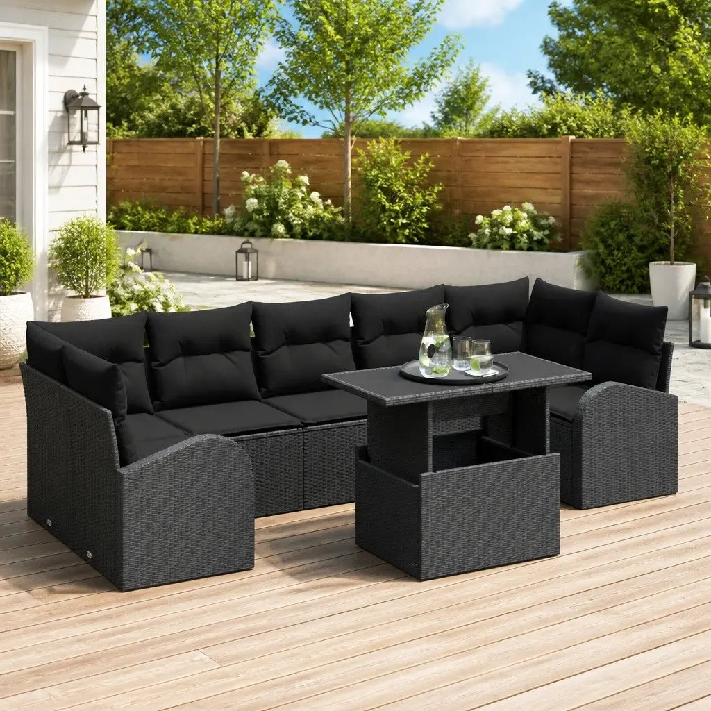 Modular Garden Sofa Set 8 Pieces Black Poly Rattan Outdoor Furniture with