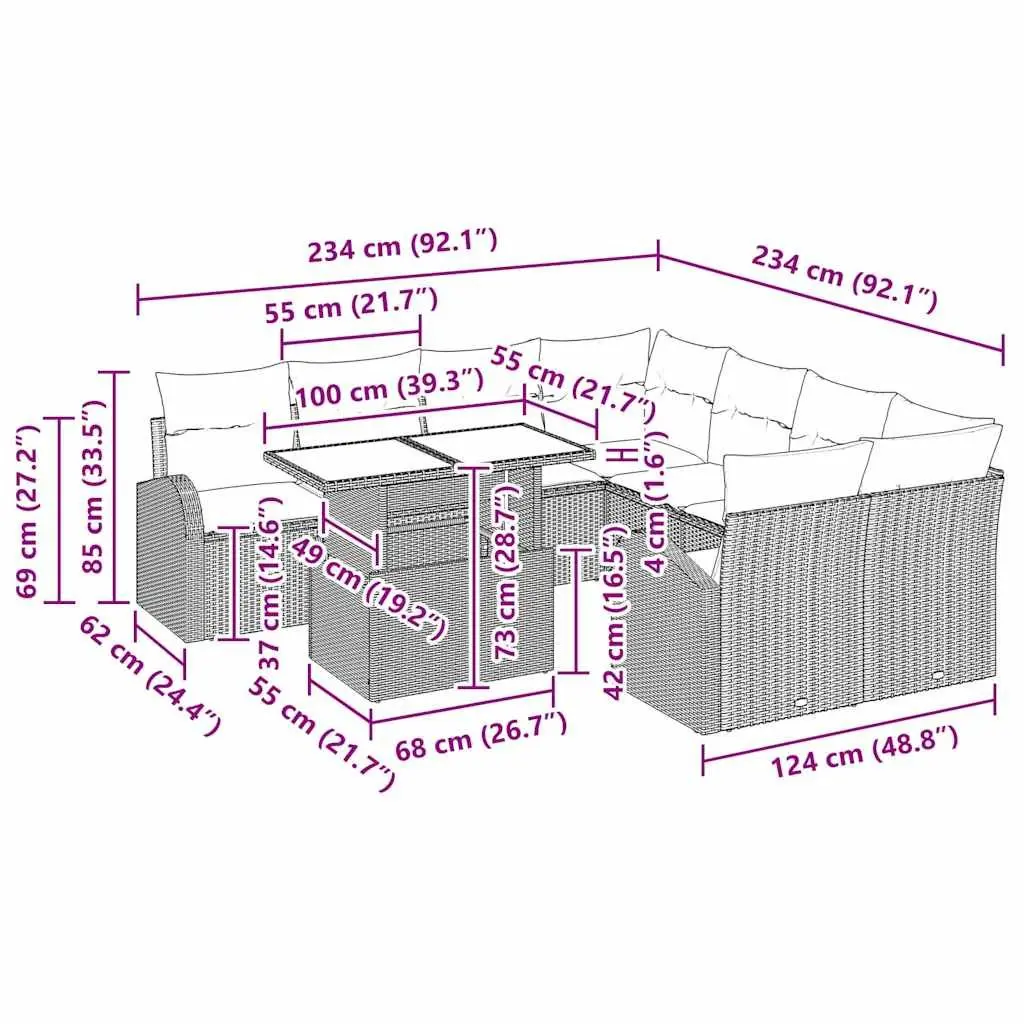9 Piece Modular Outdoor Garden Sofa Set Black Poly Rattan with Powder Coated Steel Frame