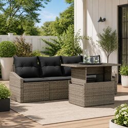 Outdoor Garden Sofa Set 5 Piece Grey Poly Rattan Patio Furniture with Cushions