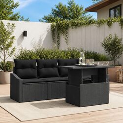 Outdoor Garden Sofa Set 5 Piece Black Poly Rattan Furniture with Cushions Patio