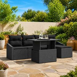 Outdoor Garden Sofa Set 6 Piece Modular Patio Seating Black with Cushions Table