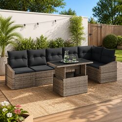 Outdoor Garden Sofa Set 7 Pcs Grey Poly Rattan Modular Furniture Cushions Table