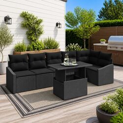 Outdoor Garden Sofa Set 7 Piece Black Poly Rattan Modular Lounge with Cushions