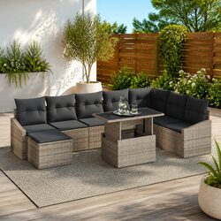 Outdoor Sofa Set 9 Pieces Grey Poly Rattan with Storage Cushion Garden Furniture