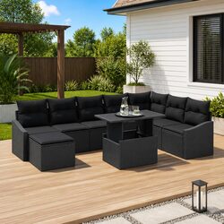 Outdoor Sofa Set 9 Pieces Black Poly Rattan Garden Furniture with Storage