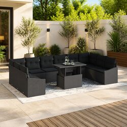 Outdoor Sofa Set 11 Pieces Black Poly Rattan Garden Patio Furniture with