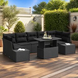 Outdoor Sofa Set 8 Piece Black Poly Rattan Garden Furniture Height Adjustable