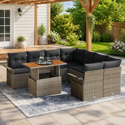 Garden Sofa Set with Cushions Outdoor Seating Grey Poly Rattan Patio Furniture