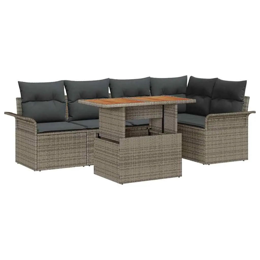 Outdoor Garden Sofa Set 6 Pieces Grey Poly Rattan Powder Coated Steel with Cushions and Table