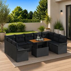 Garden Sofa Set with Cushions 10 Piece Outdoor Seating Black Rattan Furniture
