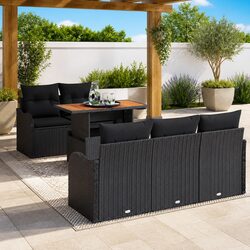 Outdoor Garden Sofa Set 6 pcs Modular Poly Rattan Acacia Wood Black Cushions