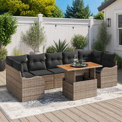 Outdoor Garden Sofa Set Modular 8 Pieces Grey Poly Rattan Acacia Wood Furniture