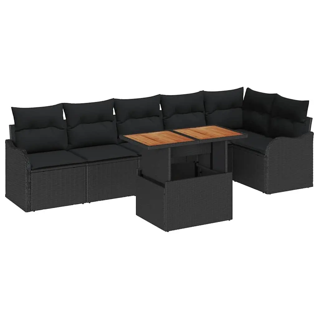 Outdoor Garden Sofa Set 7 Pieces Poly Rattan Sectional Black with Cushions and Table