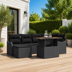 Outdoor Garden Sofa Set 7 Pieces Black Poly Rattan Steel Frame Patio Seating