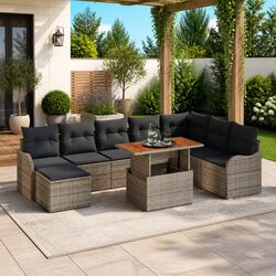 Garden Sofa Set 9 Pieces Grey Poly Rattan Steel Modular Outdoor Seating with