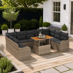 Grey Outdoor Garden Sofa Set 10 Piece Poly Rattan Patio Furniture with Storage
