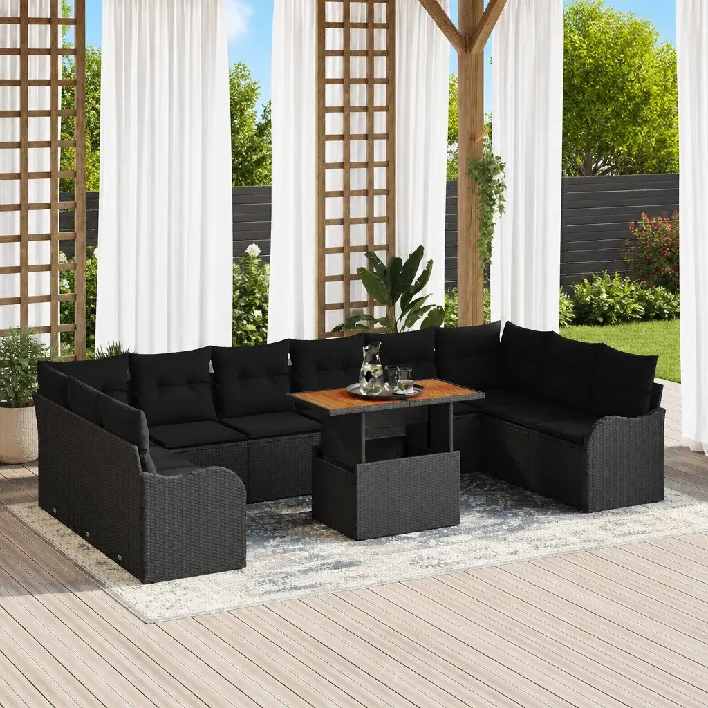 Garden Sofa Set 11 Pieces Black Outdoor Furniture Poly Rattan with Storage Cushions