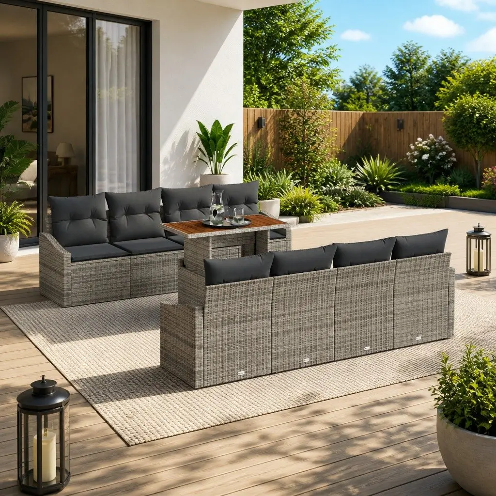 Outdoor Garden Sofa Set Modular 9 Pieces Grey Poly Rattan Powder-Coated Steel Solid Acacia Wood