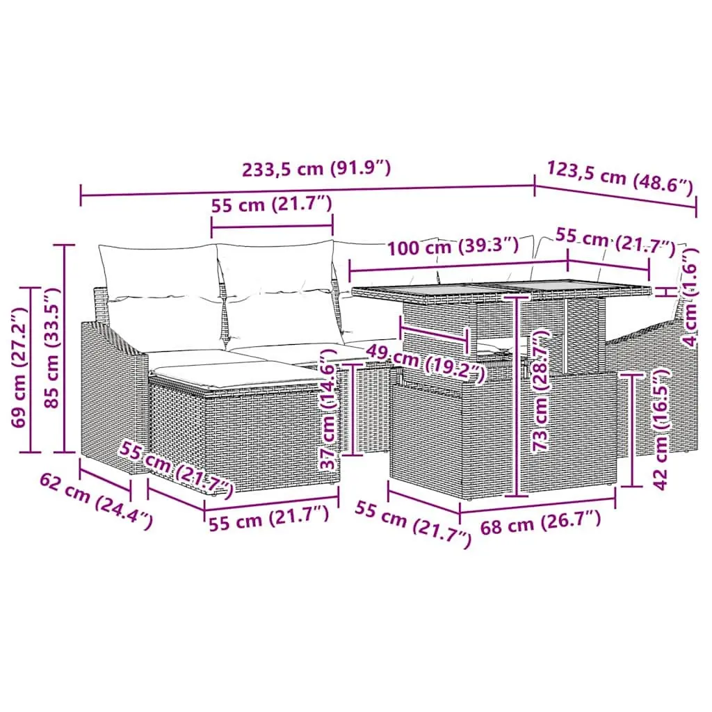 Outdoor Garden Sofa Set 7 Pieces Poly Rattan Lounge Furniture Grey
