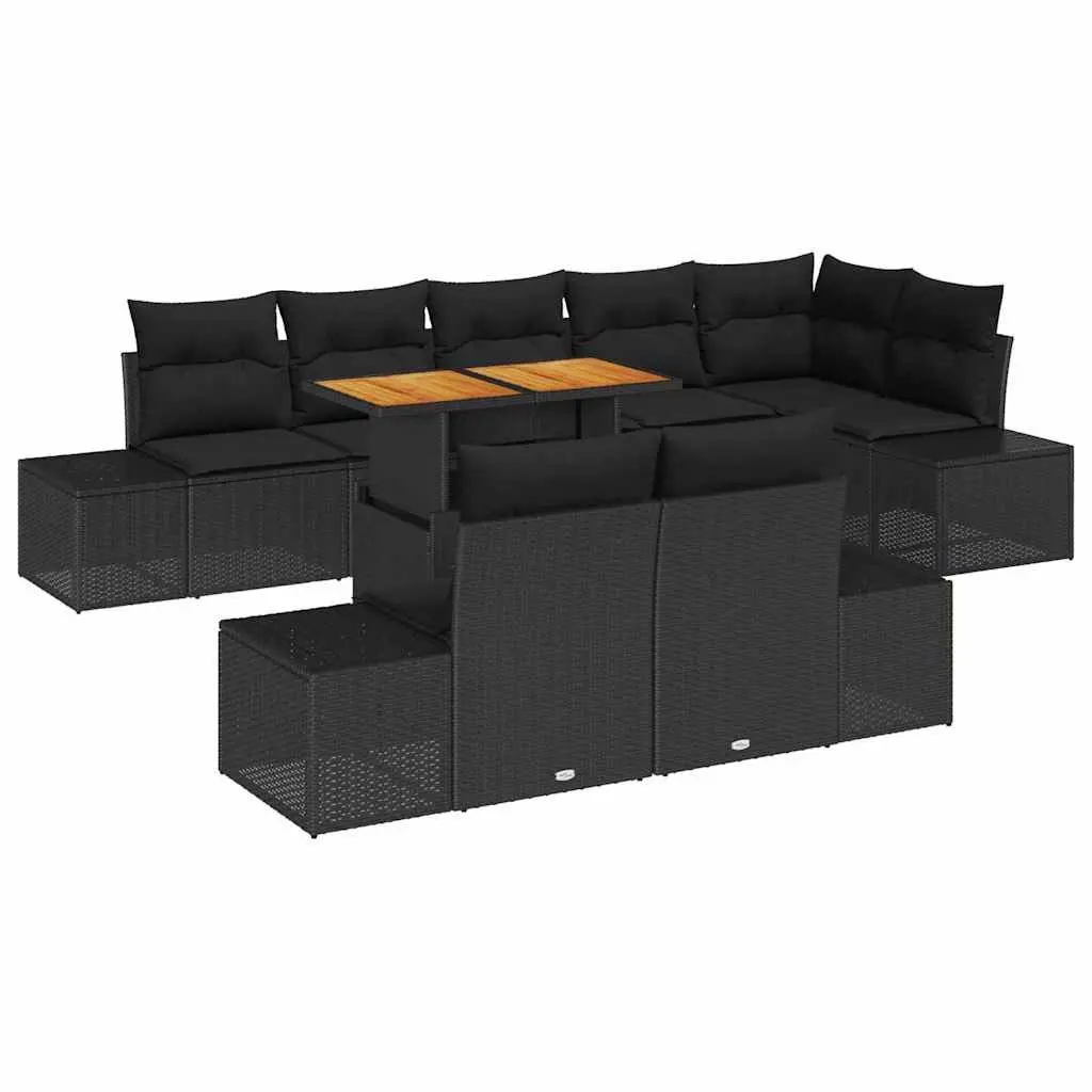 Garden Sofa Set Modular 9 Pieces Hand-Woven Poly Rattan Acacia Wood Black and Brown