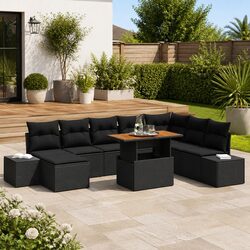 Outdoor Garden Sofa Set 9 Pieces Black Poly Rattan Modular Seating Furniture