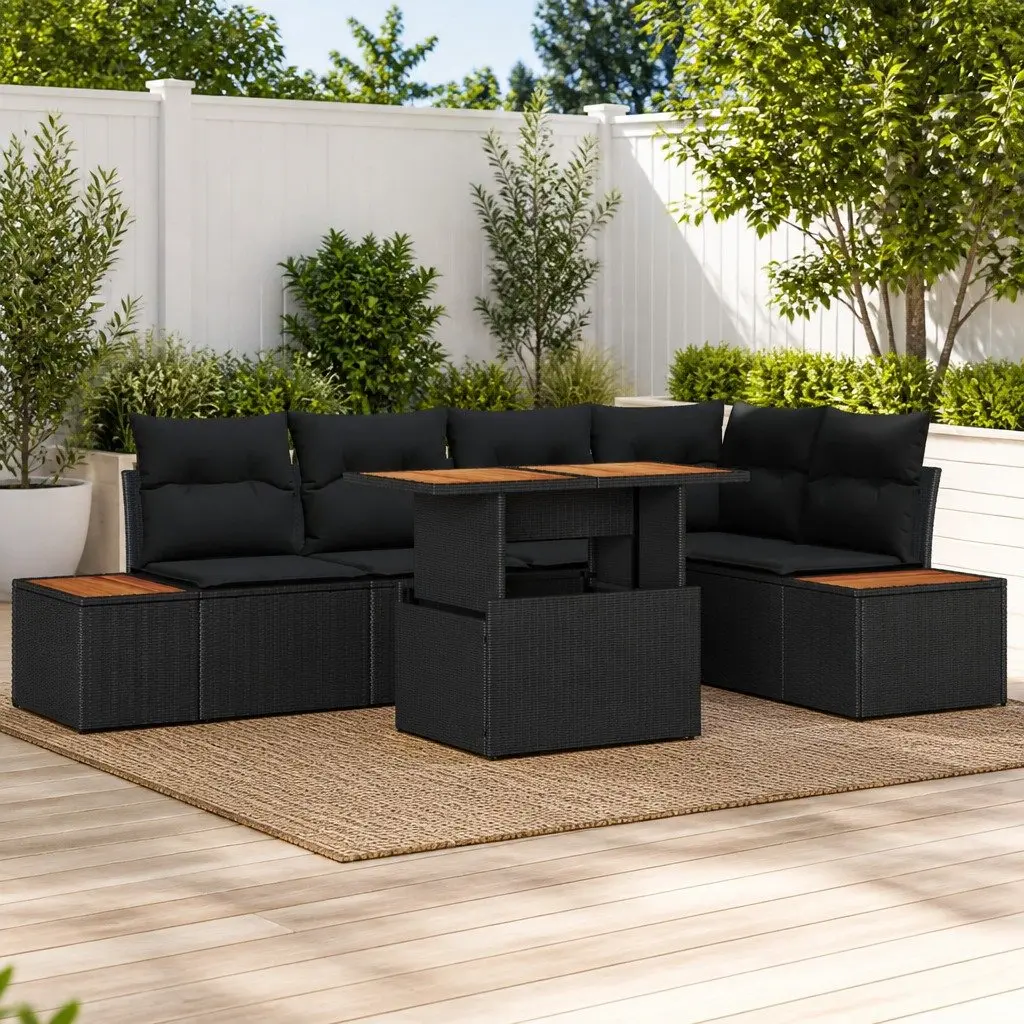 Outdoor Garden Sofa Set 6 Piece Modular Black Rattan Patio Furniture with