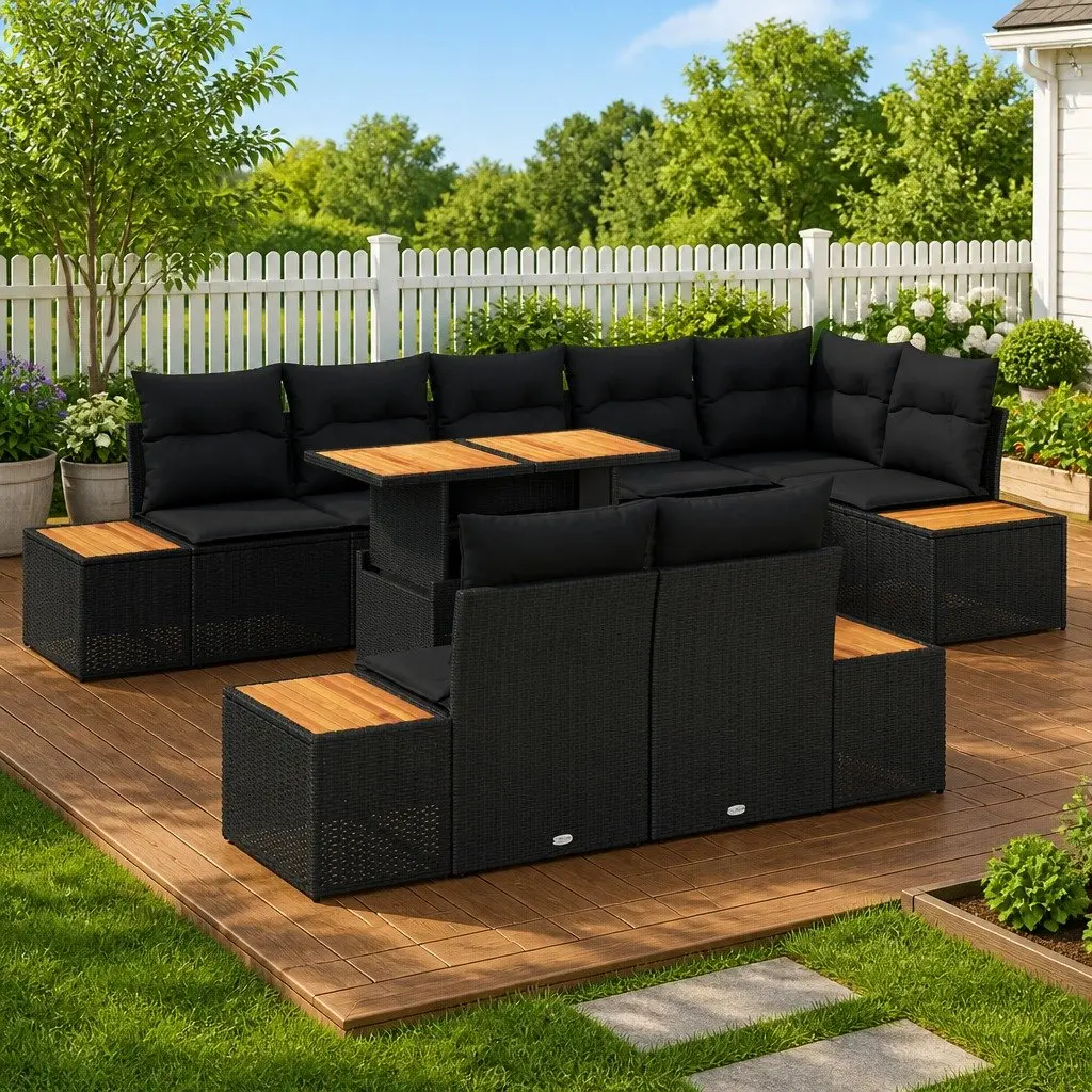 Outdoor Garden Sofa Set Modular Rattan Lounge Dining 9 Piece Black