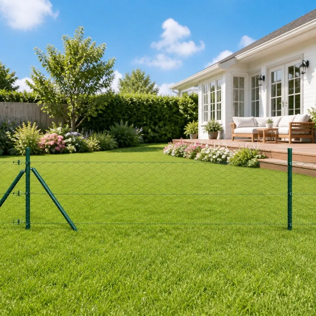 Hexagonal Fence Ground Fix 25 x 1 m Green PVC-Coated Steel Mesh Outdoor Garden